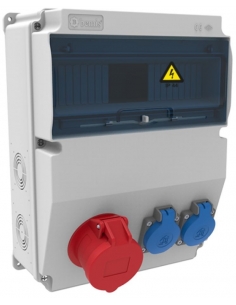 Power outlet box 12 IP44 modules with 2x16A 1P+T and 1x16A 3P+N+T bases