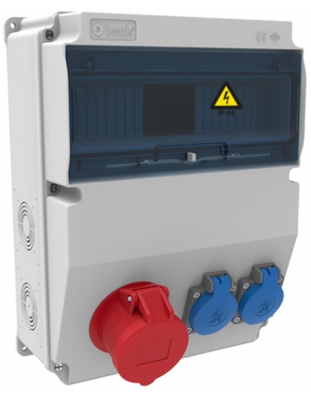 Power outlet box 12 IP44 modules with 2x16A 1P+T and 1x16A 3P+N+T bases