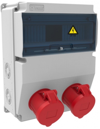 Power outlet box 12 IP44 modules with 2x32A 3P+T bases