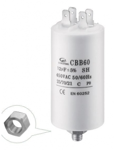 Capacitor permanente 12uF 450Vac com terminais CBB60 adajusa