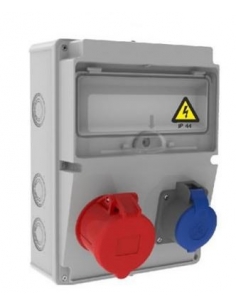 Power outlet box 12 IP44 modules with 1x32A 2P+T and 1x16A 3P+N+T bases