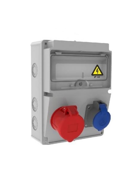 Power outlet box 12 IP44 modules with 1x32A 2P+T and 1x16A 3P+N+T bases