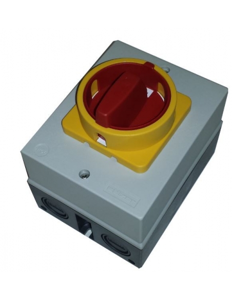 Caixa com interruptor trifásico 63A controle amarelo-vermelho