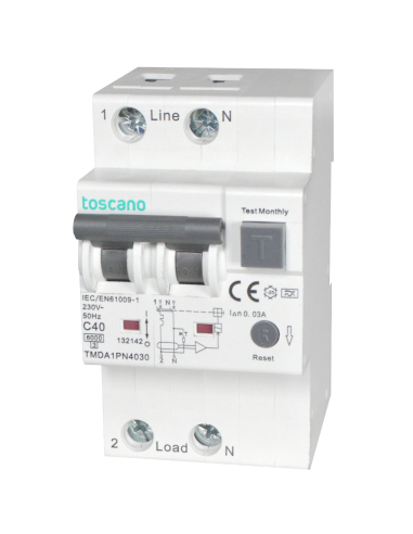 Magnetotérmico dispositivo 1P+N de corrente residual 63A 30mA Classe A - Toscano