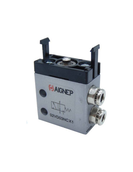 Black selector switch short cam with 2 positions with spring return and Valve: 3/2 NC side fittings Ø 4 mm - Aignep - ADAJUSA
