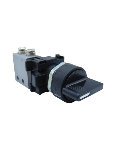 Black selector switch short cam with 2 positions with spring return and Valve: 3/2 NC side fittings Ø 4 mm - Aignep - ADAJUSA