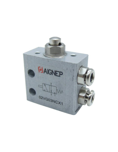 Black 3-position short cam selector switch with spring return and strut valve: 3/2 NC side fittings Ø 4 mm - Aignep -
