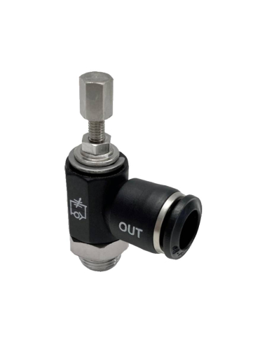 Regulador giratório unidirecional com botão de rosca cilíndrica de 3/8", tubo de 10 mm de diâmetro para cilindro de tecnopolímer