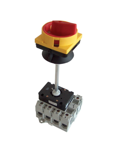 Interruptor-seccionador trifásica 3 pólos 100A ON-OFF amarelo-vermelho fundo do gabinete