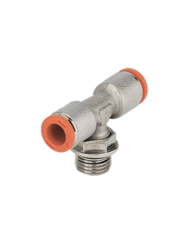 Conexão giratória em T com rosca central 1/4 tubo 10mm - Metal Work