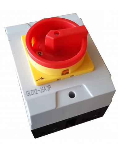 Caixa com interruptor trifásico 20A (3 polos) controle amarelo-vermelho