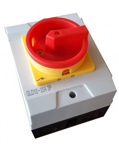 Caixa com interruptor trifásico 20A (3 polos) controle amarelo-vermelho