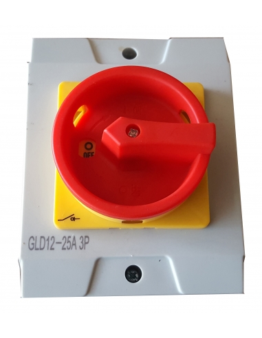 Caixa com interruptor trifásico 20A (3 polos) controle amarelo-vermelho