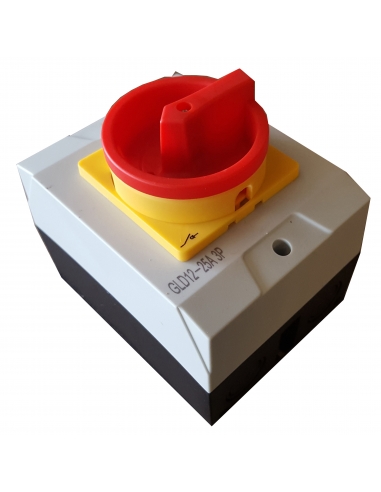 Caixa com interruptor trifásico 20A (3 polos) controle amarelo-vermelho
